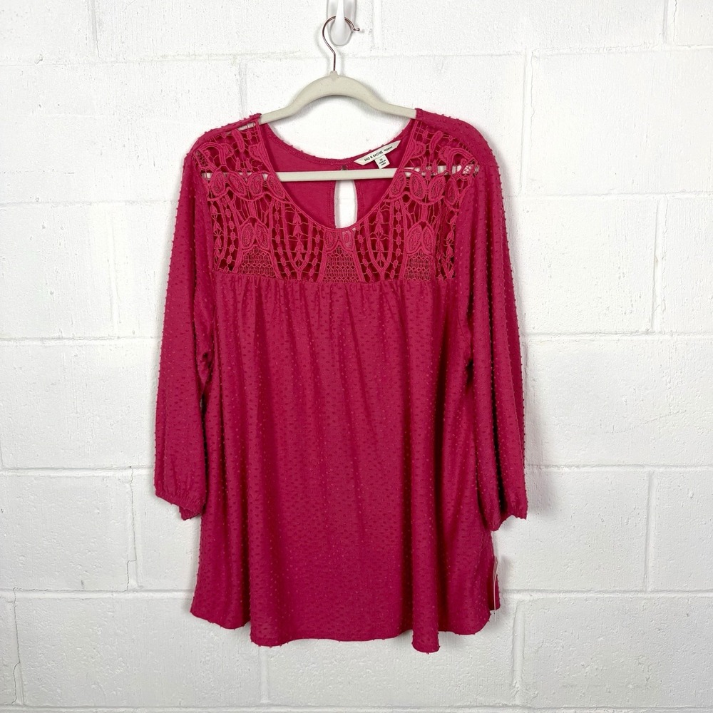 Zac & Rachel NWT Peasant Tunic Top Plus Size 2X Pink Lace Crochet BoHo Romantic